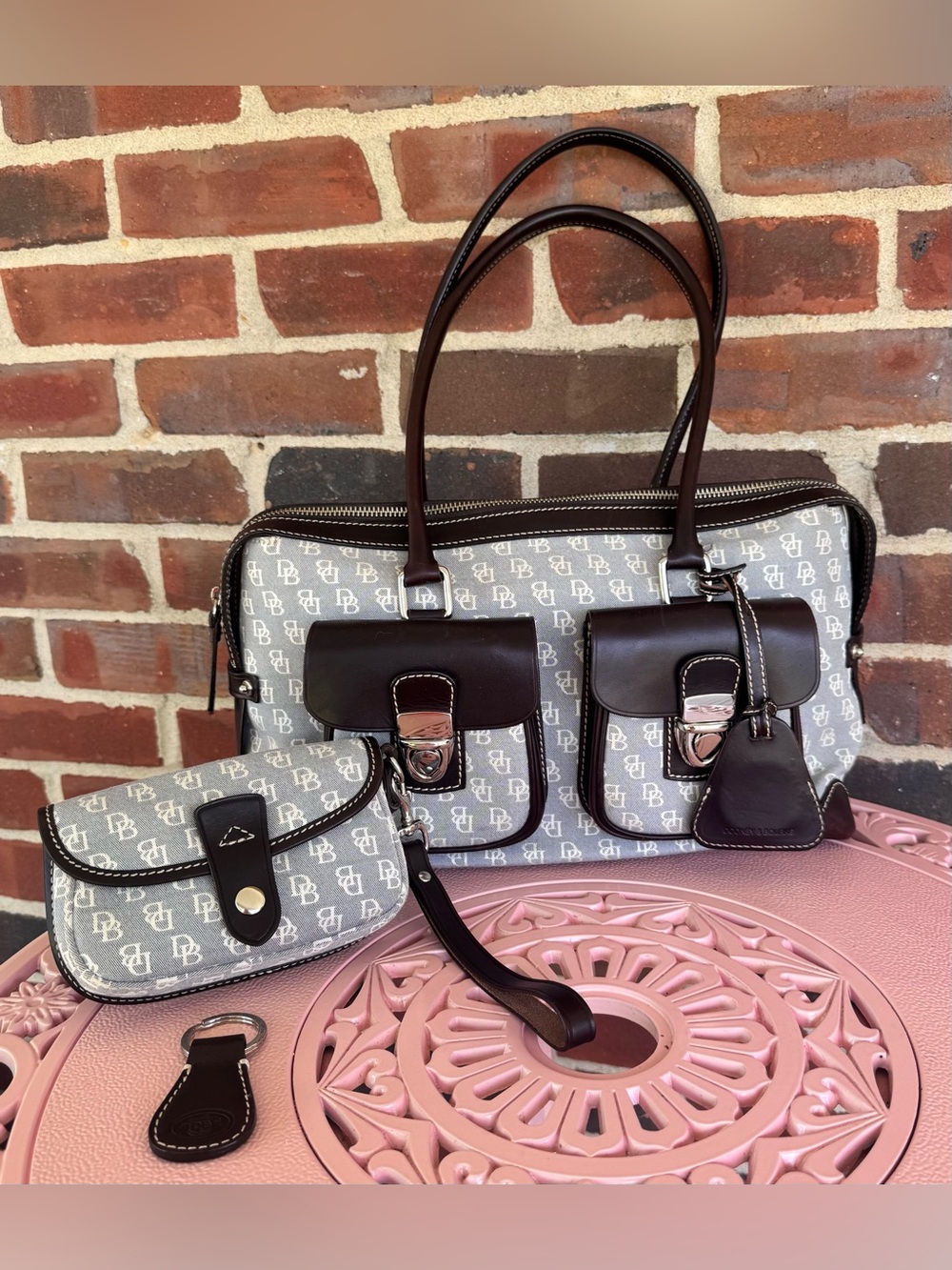 Dooney & Bourke Vintage Gray/Bluish Monogram Satchel with Brown Leather Trim